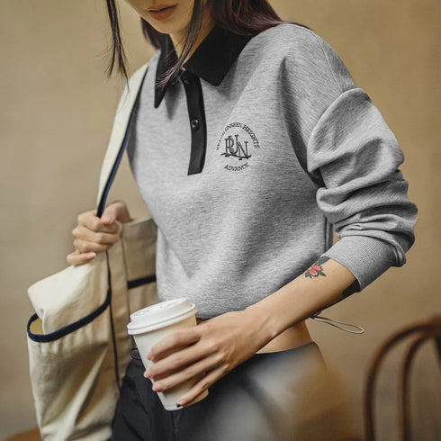 Premium Women's Retro Polo Sweatshirt – Embroidered Crop Pullover for Sporty Streetwear Looks